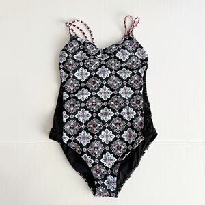 [Hula Honey] Black Gypsy Deco Lace Geometric Print One Piece Swimsuit Sz Small S